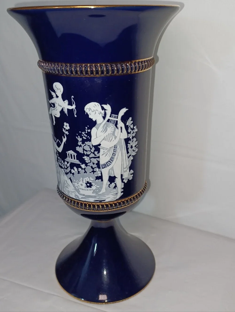 Vintage Hand Made Florentine Italy Blue Classical Vase with White Cameo Motif